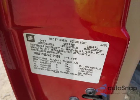 2004 Chevrolet Trailblazer Ext Lt from USA, damaged, VIN 1GNET16S846101695